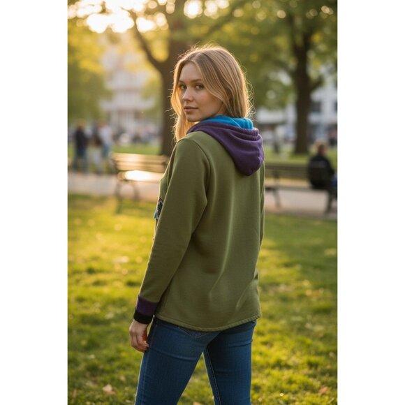 Camden GEKKO Green Pullover Purple & Blue Accents Floral Appliqué Funnel Neck - Picture 5 of 14